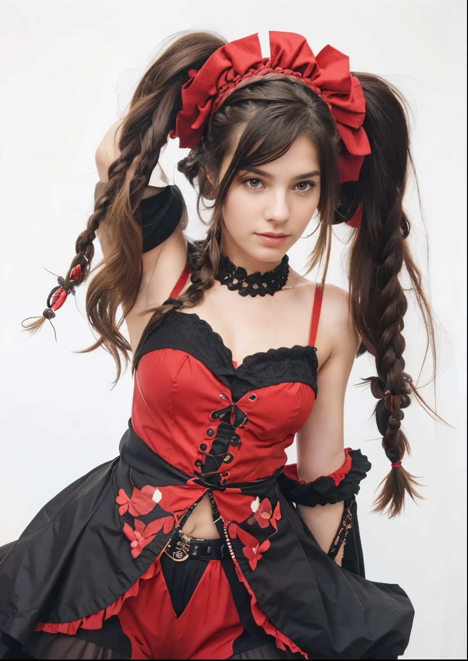 beautiful woman, age 17, cute, braided hair, black hair, black and red clothes,
