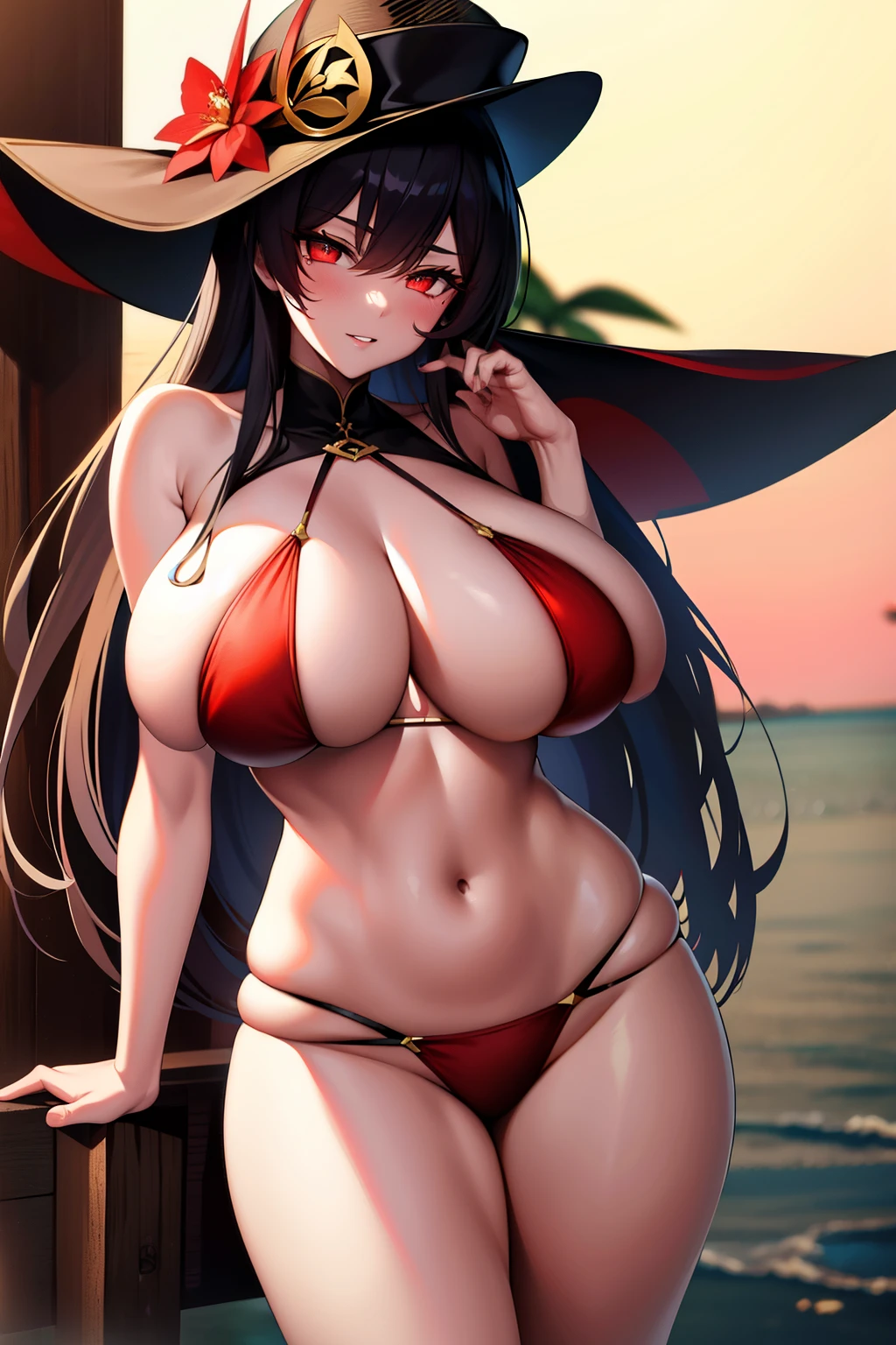 2d, tmasterpiece, best qualtiy, anime big breast, highly detailed eye, Highly detailed face, highly detailed back ground, perfect litthing, cowboy lens, 1girll, 独奏, standing on your feet, beachside,Bikini style,huge boob,hu tao\(genshin impact\), pupils in symbol shapes, flower shaped pupils, Hats, red flower, red eyes, SakuraNS,