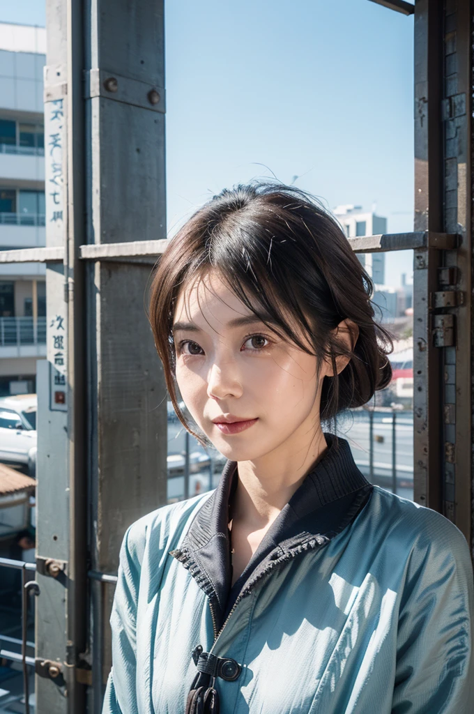 （best quality，4k，8k，masterpiece：1.2），Super fine，（lifelike，photorealism，照片lifelike度：1.37），Future retro female pilot、Her eyes are very delicate，Long eyelashes make her more charming。Soft, natural light illuminates her face，Highlighting her expressive lips，A faint smile on the lips。Steampunk clothing、adventure、cloud covered sky、Futuristic cityscape、metal surfaces、graffiti-covered walls、urban decay、Windswept hair、confident posture、Emerge from the cloud，Hand drawn illustrations，Contrasting colors，(pastel tones)，ethereal beauty，otherworldly scenery，Lens illumination，Impressive machinery，Sunset，creative imagination，composition，Full of emotion，inspiring ambition。