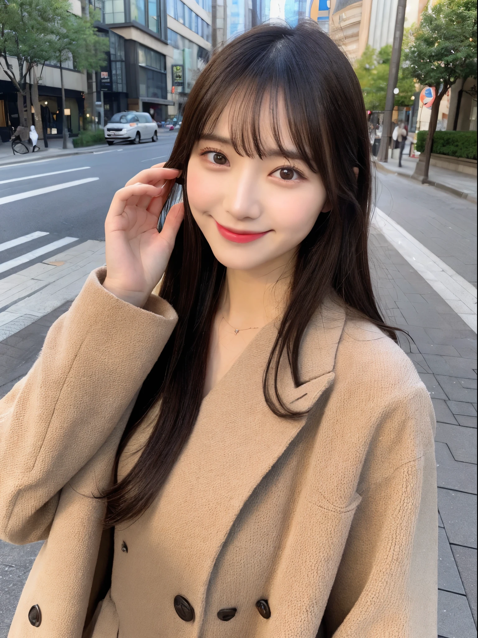 ((highest quality、In 8K、masterpiece:1.3))、sharp focus:1.2、beautiful woman with perfect style:1.4、Slender、((black haired、big breasts、tits:1.2))、(natureな柔らかな光、street snap、Tokyo city、Harajuku:1.1)、Highly detailed face and skin texture、detailed eye、double eyelid、Sexy、Winter clothes、Brown coat、whole body、Japanese、solo、clear、Visible from head to toe、28 years old、baby face、pubic hair beauty、nature、smile