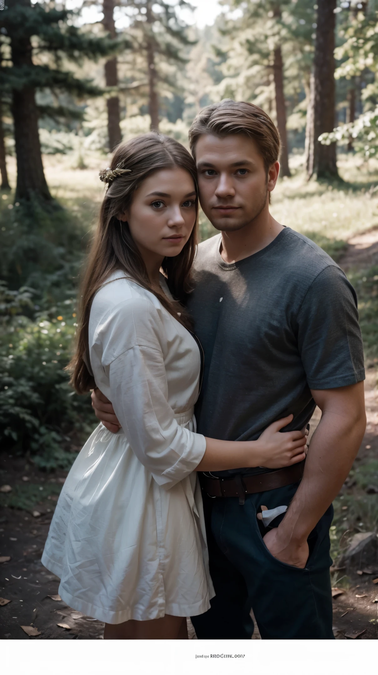 masterpiece photo, overhead shot portait of a (beautiful viking couple) posing, casual outfit, full body protait, forest in the background 80 mm lens f/2.8 ISO 80, deph of field, soft front light, HDR (muted colors:1.2) Canon RF 10 mm F2.8L Macro IS USM, bokeh, photo, 8k, dynamic action, dreamy nostalgic, soft focus,