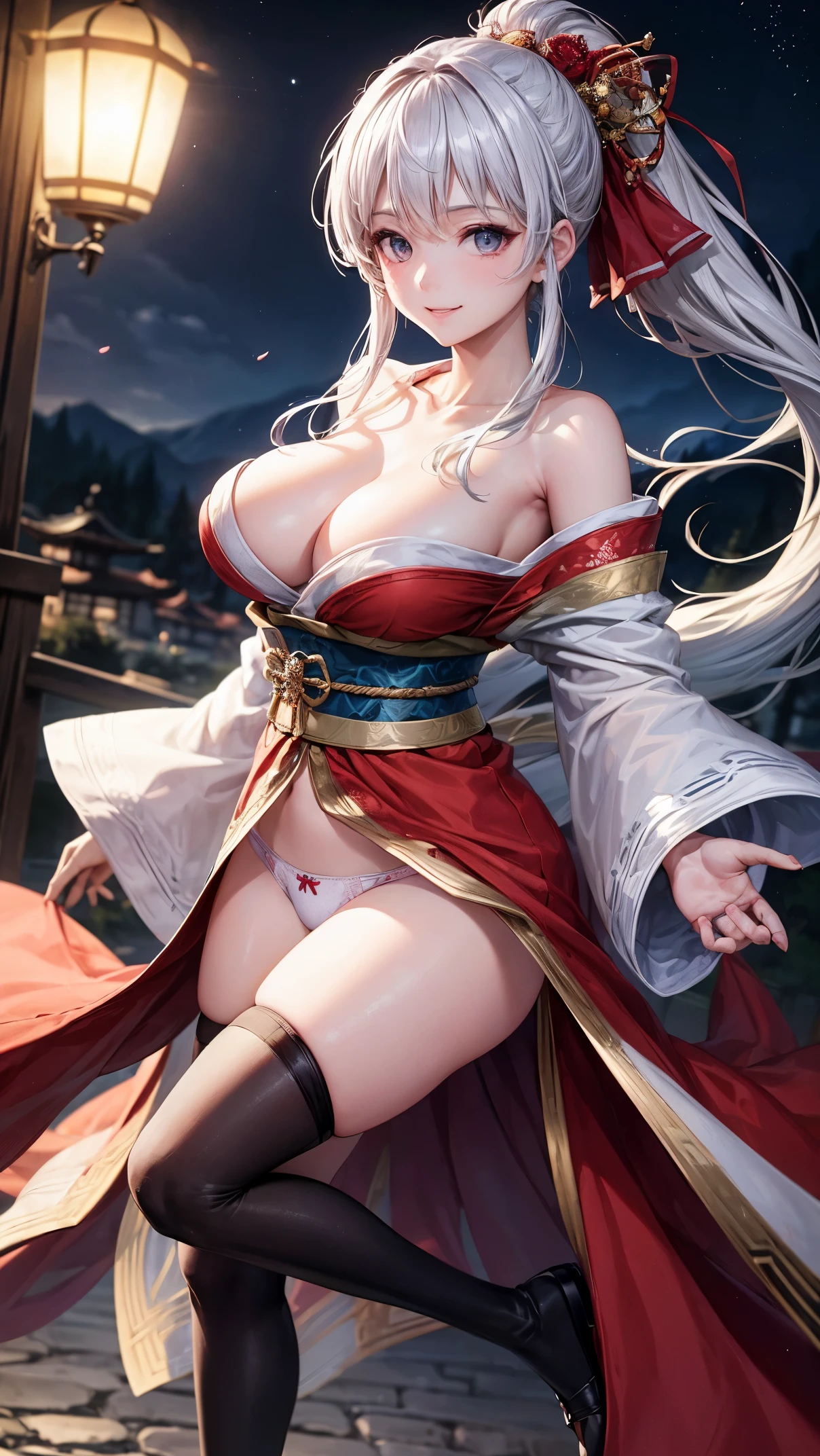 ((highest quality、High resolution、8K、masterpiece:1.3))、dynamic angle、I can see the whole body、wallpaper、1 girl、unparalleled beauty、ultimate beauty、super detailed face、delicate eyes、smile shyly、sexy look、looking at the camera、Depth of bounds written、light particles、side light、ponytail、silver hair、shrine maiden、Red and white kimono、Haori、(Holding down the skirt with both hands)、(The wind flips up the skirt and reveals the panties.)、Open chest、big breasts、cleavage、Thighhighs、thighs、slim、slender、Old castle at night