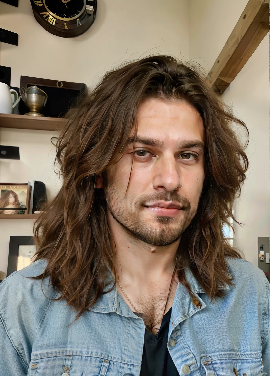 arafed man with long hair and a beard wearing a denim jacket, mid long hair, wavy shoulder-length hair, mullet long haircut, shoulder - length hair, shoulder-length hair, large messy hair style, shoulder length hair, shoulder-length brown hair, shaggy haircut, with same hairstyle, long shaggy-haired rocker, long windy hair style, gorgeous, pretty man,