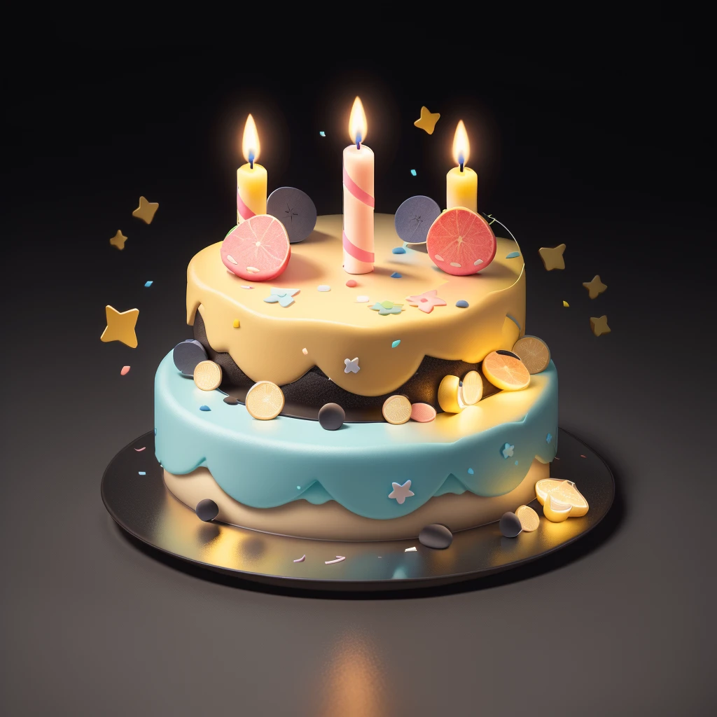 there is a cake with candles on top of it on a plate, birthday cake, cake art, birthday, cake, happy birthday, 2 d CG, More detailed illustrations, birthday cake on the ground, Lovely and detailed digital art, lovely artwork, Isometric illustration, 2. 5d illustration, High detail illustration, 3D rendering stylization, birthday card