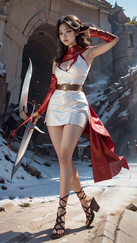 Woman in red silver dress, ((run)), Escape the monsters, Immersive art station, ศิลปะFantasyที่มีรายละเอียด, Amazing character art, Excellent and neat character art, beautiful armor, very detailed, red armor girl, Exquisite headdresses and ornaments, (best quality, 10, Masterpiece :1.3), (realistic, ภาพrealistic: 1.37), (1 girl), (Beautiful women between the ages of 18-20), (thin), (Focus on the slender abdomen.. :1.3), (Korea), (Pastel colored leather dress, Long red leather cloak, Long red leather cloak, Show your arms and shoulders., white leather skirt, short leather skirt, Emphasize her legs., High groove,), (รองเท้าHeel Height), (Random pose), Huge breasts, exposed cleavage, ((dark brown hair, long hair)), exquisite face, Open the show, Fantasy, Slender figure, Very smooth face, Good eyes, Double eyelids, (long hair, Random hairstyles), (big girl :1.3), (outdoor), (Extraordinarily detailed face), (Detailed eyes), (Double eyelids), (Eyeshadow makes eyelashes look thicker.......), obscure, (Long legs, Heel Height), (((Whole body))), (professional lighting), (Photon mapping), (Radiation), red armor girl, silver armor girl, ((Big Sword)), (Look directly at the audience.....), cliff scene, mountain, cave mouth, stone, Dungeon