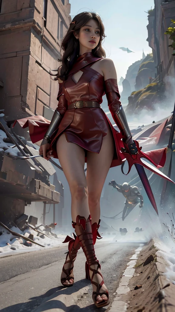 Woman in red silver dress, ((run)), Escape the monsters, Immersive art station, ศิลปะFantasyที่มีรายละเอียด, Amazing character art, Excellent and neat character art, beautiful armor, very detailed, red armor girl, Exquisite headdresses and ornaments, (best quality, 10, Masterpiece :1.3), (realistic, ภาพrealistic: 1.37), (1 girl), (Beautiful women between the ages of 18-20), (thin), (Focus on the slender abdomen.. :1.3), (Korea), (Pastel colored leather dress, Long red leather cloak, Long red leather cloak, Show your arms and shoulders., white leather skirt, short leather skirt, Emphasize her legs., High groove,), (รองเท้าHeel Height), (Random pose), Huge breasts, exposed cleavage, ((dark brown hair, long hair)), exquisite face, Open the show, Fantasy, Slender figure, Very smooth face, Good eyes, Double eyelids, (long hair, Random hairstyles), (big girl :1.3), (outdoor), (Extraordinarily detailed face), (Detailed eyes), (Double eyelids), (Eyeshadow makes eyelashes look thicker.......), obscure, (Long legs, Heel Height), (((Whole body))), (professional lighting), (Photon mapping), (Radiation), red armor girl, silver armor girl, ((Big Sword)), (Look directly at the audience.....), cliff scene, mountain, cave mouth, stone, Dungeon