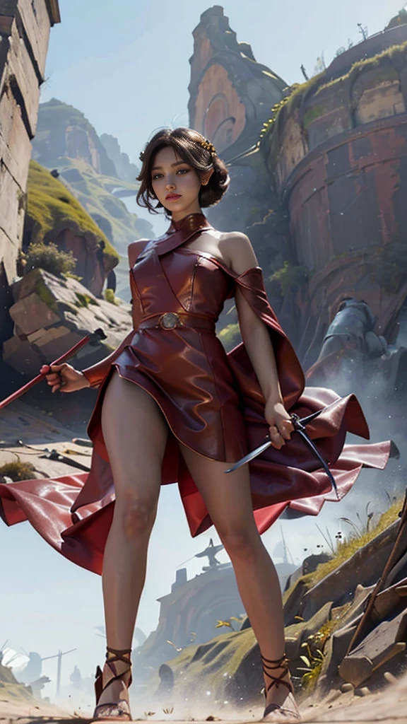 Woman in red silver dress, ((run)), Escape the monsters, Immersive art station, ศิลปะFantasyที่มีรายละเอียด, Amazing character art, Excellent and neat character art, beautiful armor, very detailed, red armor girl, Exquisite headdresses and ornaments, (best quality, 10, Masterpiece :1.3), (realistic, ภาพrealistic: 1.37), (1 girl), (Beautiful women between the ages of 18-20), (thin), (Focus on the slender abdomen.. :1.3), (Korea), (Pastel colored leather dress, Long red leather cloak, Long red leather cloak, Show your arms and shoulders., white leather skirt, short leather skirt, Emphasize her legs., High groove,), (รองเท้าHeel Height), (Random pose), Huge breasts, exposed cleavage, ((dark brown hair, long hair)), exquisite face, Open the show, Fantasy, Slender figure, Very smooth face, Good eyes, Double eyelids, (long hair, Random hairstyles), (big girl :1.3), (outdoor), (Extraordinarily detailed face), (Detailed eyes), (Double eyelids), (Eyeshadow makes eyelashes look thicker.......), obscure, (Long legs, Heel Height), (((Whole body))), (professional lighting), (Photon mapping), (Radiation), red armor girl, silver armor girl, ((Big Sword)), (Look directly at the audience.....), cliff scene, mountain, cave mouth, stone, Dungeon
