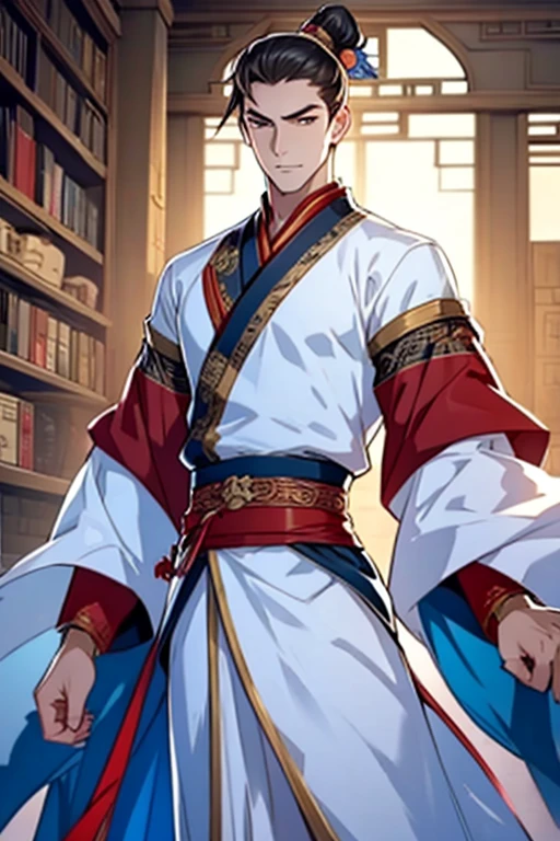 A chic and clean young man wearing white ancient Chinese style clothes is in the library，Confident, young and handsome face，Sword eyebrows and star eyes，Protagonist appearance