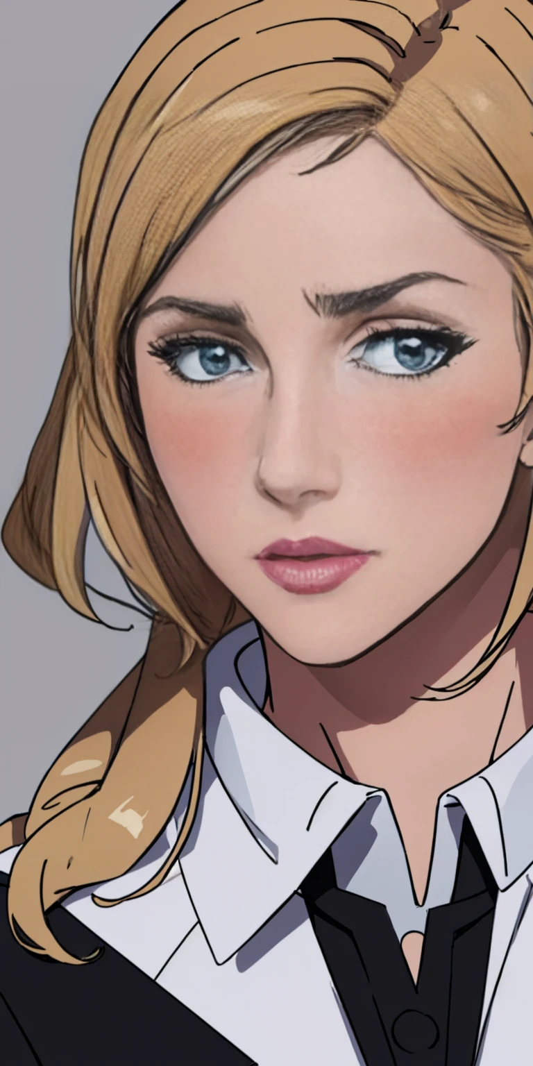 (masterpiece, top quality, best quality, official art, beautiful and aesthetic:1.2), (1girl:1.3), (gorgeous face), light freckles, fair skin, brown hair, extremely detailed, portrait, looking at viewer, solo, (full body:0.6), grey background, (a 35 year old woman) white skin, beautiful Norweigan woman Aldiana Solamar, solo, 1 girl, portrait, blonde hair, super detailed, modern business style, black blazer, direct look, contoured, upper body portrait, skinny, slim, small breasts,