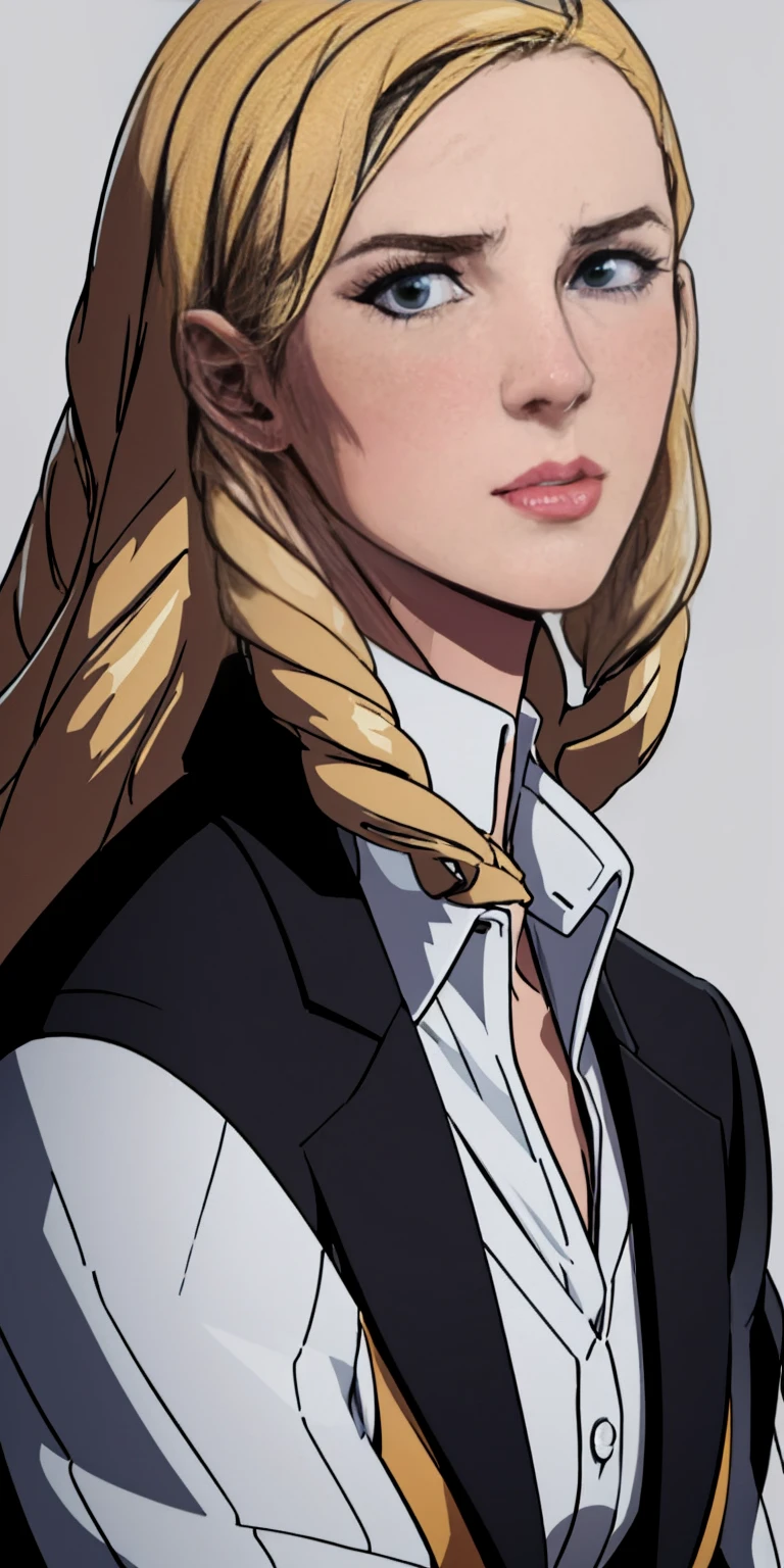 (masterpiece, top quality, best quality, official art, beautiful and aesthetic:1.2), (1girl:1.3), (gorgeous face), light freckles, fair skin, brown hair, extremely detailed, portrait, looking at viewer, solo, (full body:0.6), grey background, (a 35 year old woman) white skin, beautiful Norweigan woman Aldiana Solamar, solo, 1 girl, portrait, blonde hair, super detailed, modern business style, black blazer, direct look, contoured, upper body portrait, skinny, slim, small breasts,
