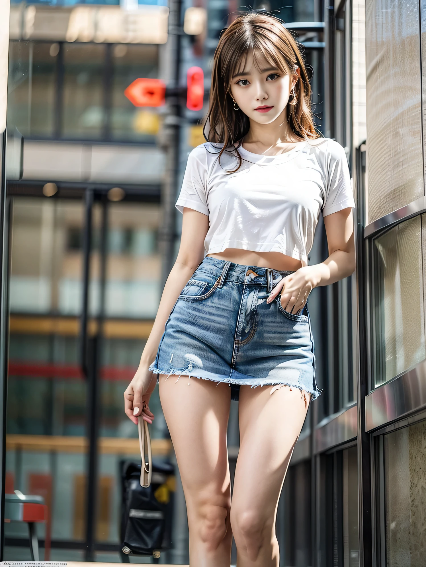 1 girl，20 years old, Height 165cm、body coordination、Proportions are well-proportioned、standing beside window，sideways，raised buttocks，Bright backLight, alone, {Beautiful eyes details 1.3）（round eyes：1.8） , Highly detailed facial and skin textures, Natural and soft Light, dark brown hair，natural drape, Exquisite facial features, blunt bangs, beautiful korean girl, 眼睛have神, a happy expression 、(She is wearing a delicate short shirt:1.3)、 (She wears a sophisticated low-waisted mini denim skirt:1.3)、Wearing red high heels，hands in pockets、E杯、film grain，full-body shot，long legs，masterpiece, best quality, Light, super detailed,, ultra high resolution, 8k wallpaper, Perfect dynamic composition, Exquisite facial features，It's a perfect face,Facing the peak of sexual arousal, looking at the audience，hair natural，clavicle，Ultimate Light and shadow，Wear delicate earrings，have，(Skin texture is extremely delicate1.3), (perfect details: 1.1),Looks a lot like actor Li Qin，hands in pockets