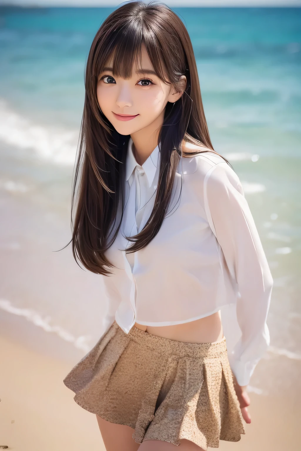 Smile、night、original photography、(((ultimate beauty portrait)))、((sparkling skin))、1 girl、24 year old beautiful girl from Prague、bright expression、((brown hair))、((Big eyes sparkling like gems))、、pantyhose、Glowing and radiant skin、(medium hair)、(silk ponytail)、(standing)、(from below)、under skirt、(from below看内衣的特写)、Eyeliner、beautiful bangs、hair between eyes、((masterpiece、top quality、Super detailed、movie light、intricate details、high resolution、Very detailed))、background for this、8 kood、digital SLR、soft light、high quality、film grain、富士XT3 、shallow view deep、natural soft light、Kamimei、on the table, Boutiques, illustration, Super detailed, beautiful, high resolution, 8k wallpaper, Perfect dynamic composition, Beautiful and delicate eyes, Full body photography shows your entire body, collared shirt, long white hair, Bold sexy pose , Smile, Harajuku, 20 year old girl, large size: 1.5, Look at the sexy shots of the lens, Holding a bouquet of flowers、standing at the beach