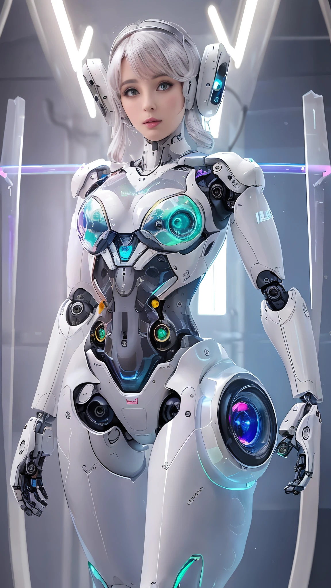 (La mejor calidad,A high resolution,Ultra - detallado,actual),Ariana Grande japonesa androide cyborg, robotic parts, hermoso estudio con luz suave, Detalles vibrantes, Ciberpunk de lujo, (Android body made of white and silver transparent glass and plastic:1.4), , (Mecanismos internos del cuerpo de metal plateado+pink), dynamic pose, Fluid organic components, Grabado detallado, Lace designs, (Circuitos dorados brillantes:1.4), (hermosos ojos azules:1.2),ojos  brillantes, (pose vaquero ), (realistic) ,Arte detallado de alta calidad 8K, Fanart Mejor ArtStation, Fantasy art style ,(cuerpo  de vidrio transparente:1.4),(Perfect anatomy) ,UHD, (fondo laboratorio Robotic futuristic dystopia colors:1.4) 