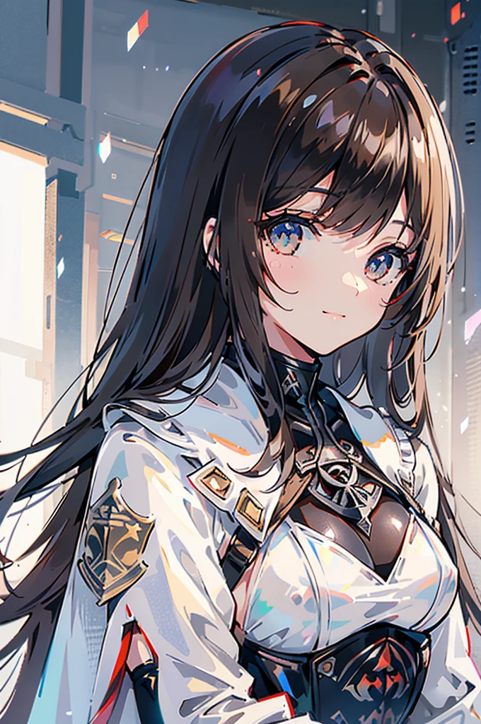 Moe anime illustration、high resolution、female bitch assassin、brown hair、white robes、Black Latex Bodysuit、assassins creed syndicate、London during the Industrial Revolution、close-up of a person、nipple、bikini、archaic smile、Sparkling eyes