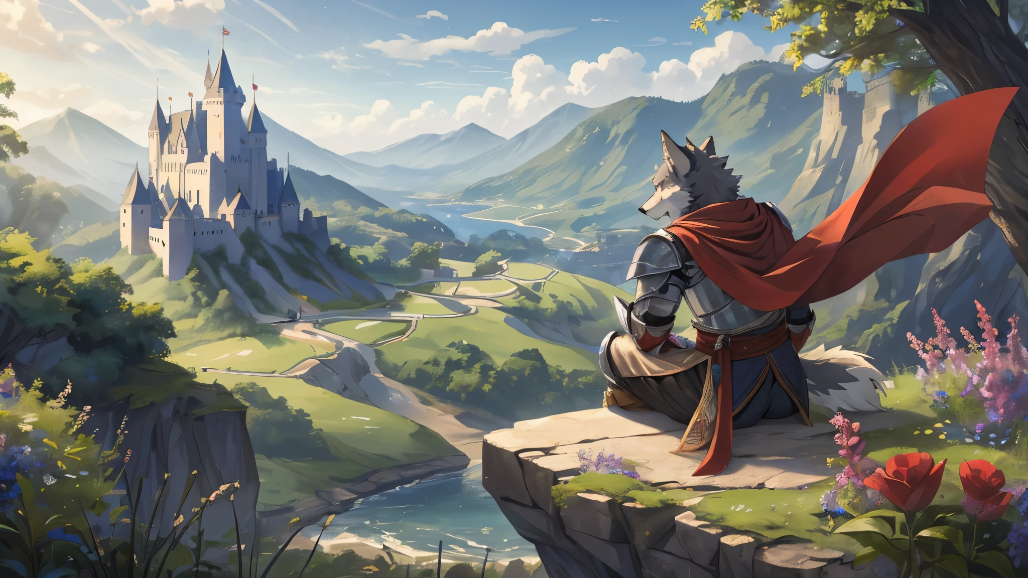 Anthro((dramatic))epic, dynamic pose, One scene of movie, An extreme perspective with a powerful composition, absurdres, Perfect Anatomy, magnificent picture of kemono fighting fierce battles, (ultra detailed), sharp focus, niji, eyesgod, black eye, furry, light-white fur, brown fur, white beard, anthro (wolf), male, middle-aged, gray body, white belly, tail, muscular, knight costume, long red cherry cloak, ultra detailed face, depth of field, motion blur, high details, high quality, award winning, HD, 16k, (best quality,4k,8k,highres,masterpiece:1.2),ultra-detailed,realistic:1.37,HDR,UHD,studio lighting,extreme detail description,professional,vivid colors,bokeh,lively atmosphere, natural lighting, wide view, soft color tones, (vibrant colors), (subtle lighting), (natural, realistic), (serene atmosphere), (peaceful mood), (gentle breeze), (harmonious composition), (distant horizon), (ethereal beauty), (serene landscape), (dreamlike scenery), (tranquil setting), (calming ambiance), (impressionistic style), (captivating scenery), (sublime beauty), (timeless elegance), (evocative atmosphere), (majestic vista), (gentle pastel hues), (serenity and tranquility), (sit on the edge of the cliff :1.4), (back show:1.3), (castle view from far distance :1.4)