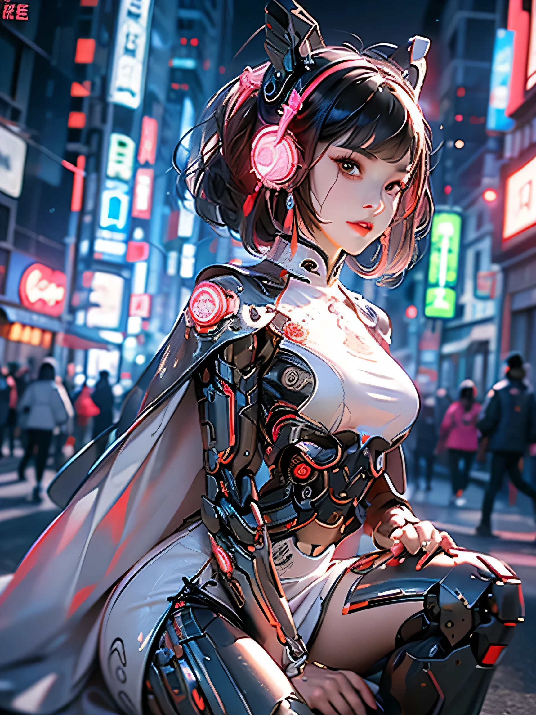 1 girl, Chinese_clothing, metallic black titanium and pink, cyberhan, cheongsam, cyberpunk city, dynamic poses, Detailed illuminated headphones, Luminous hair accessories, long hair, Luminous earringss, glow necklace, cyberpunk, Hi-Tech City, full of mechanical and futuristic elements, futuristic, technology, glowing neon lights, pink, pink light, sexy skirt, translucent black cape, laser light, Digital background city sky, big moon, with cars, best quality, masterpiece, 8k, Character edge light, Ultra high detail, high quality, The most beautiful woman in mankind, Smile, Facing forward and symmetrical, earrings, Long antenna glows, beautiful student, Lighting effects, visual data, silver red orange hair dye, ultra detailed facial texture, Joy and pride, Weapons systems, The street is crowded with people, Mecha style, A luminous antenna is worn on his head, Rear injector, The girl sits, Side leg contraction
