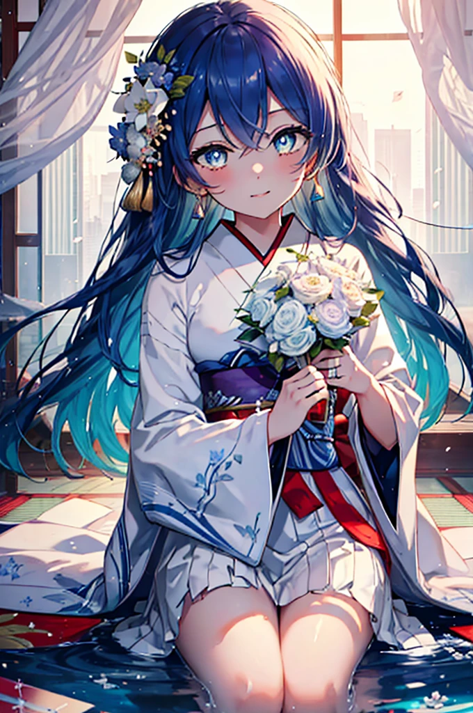 highest quality, masterpiece, High resolution, alone, {Sonoda_Ocean_lovelive:1.15}, blue hair，long hair，Wedding in a classic kimono of the Japan,Pure white kimono called pure white,Wedding at a shrine in a classic kimono of Japan,long skirt,smile,blush,(masterpiece:1.2), highest quality, High resolution, unity 8k wallpaper, (figure:0.8), (beautiful and fine eyes:1.6), highly detailed face,highly detailed eyes,highly detailed hands,Highly detailed feet, perfect lighting, Very detailed CG, (perfect hands, perfect anatomy),