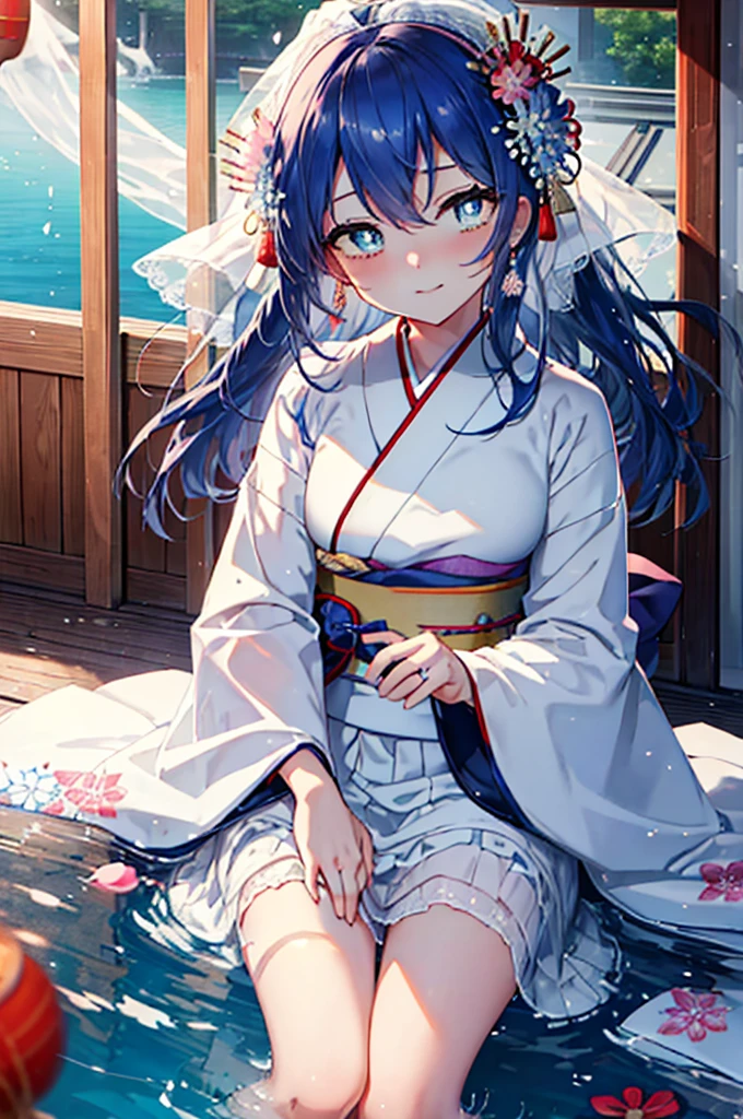 highest quality, masterpiece, High resolution, alone, {Sonoda_Ocean_lovelive:1.15}, blue hair，long hair，Wedding in a classic kimono of the Japan,Pure white kimono called pure white,Wedding at a shrine in a classic kimono of Japan,long skirt,smile,blush,(masterpiece:1.2), highest quality, High resolution, unity 8k wallpaper, (figure:0.8), (beautiful and fine eyes:1.6), highly detailed face,highly detailed eyes,highly detailed hands,Highly detailed feet, perfect lighting, Very detailed CG, (perfect hands, perfect anatomy),