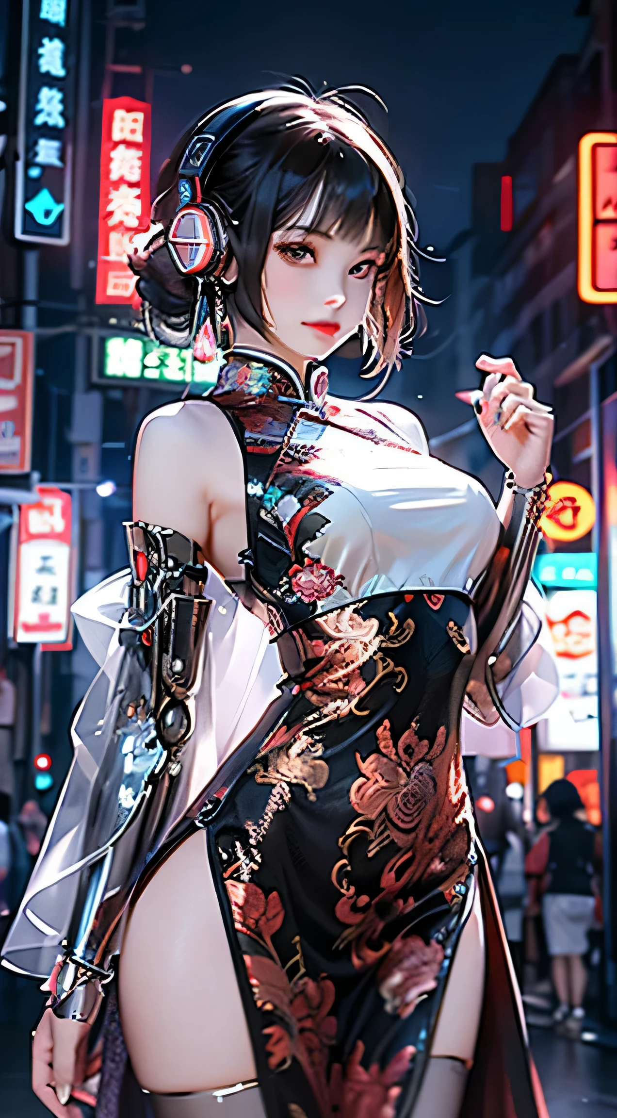 1 girl,Full body female love,middle distance vision, Chinese_clothing, Metallic black, titanium and pink, Online Hanfu, On the cheongsam, Cyberpunk Chinese Ancient Castle,lantern,大红lantern, dynamic poses, Details Illuminated Headphones, Luminous hair accessories, long white hair, Luminous earringss,glow necklace,cyberpunk character, 霓虹闪烁的城市街道挂满了lantern, Full of mechanical and futuristic elements, Afu Futurism, technology,glowing neon lights,pink big breasts,pink light,sexy skirt,black cloak,laser light,Digital background city sky,大红lantern,best quality,masterpiece,8k,Character edge light,Ultra high detail,high quality,The most beautiful woman among men,Smile,The face is symmetrical from side to side,facing forward,earrings,Long antenna glows,beautiful student,Lighting effects,visual data,silver red orange hair color,ultra detailed facial texture,hapiness,Weapons systems,The streets are crowded with pedestrians,Mecha style,Head-mounted light-emitting antenna,Rear injector