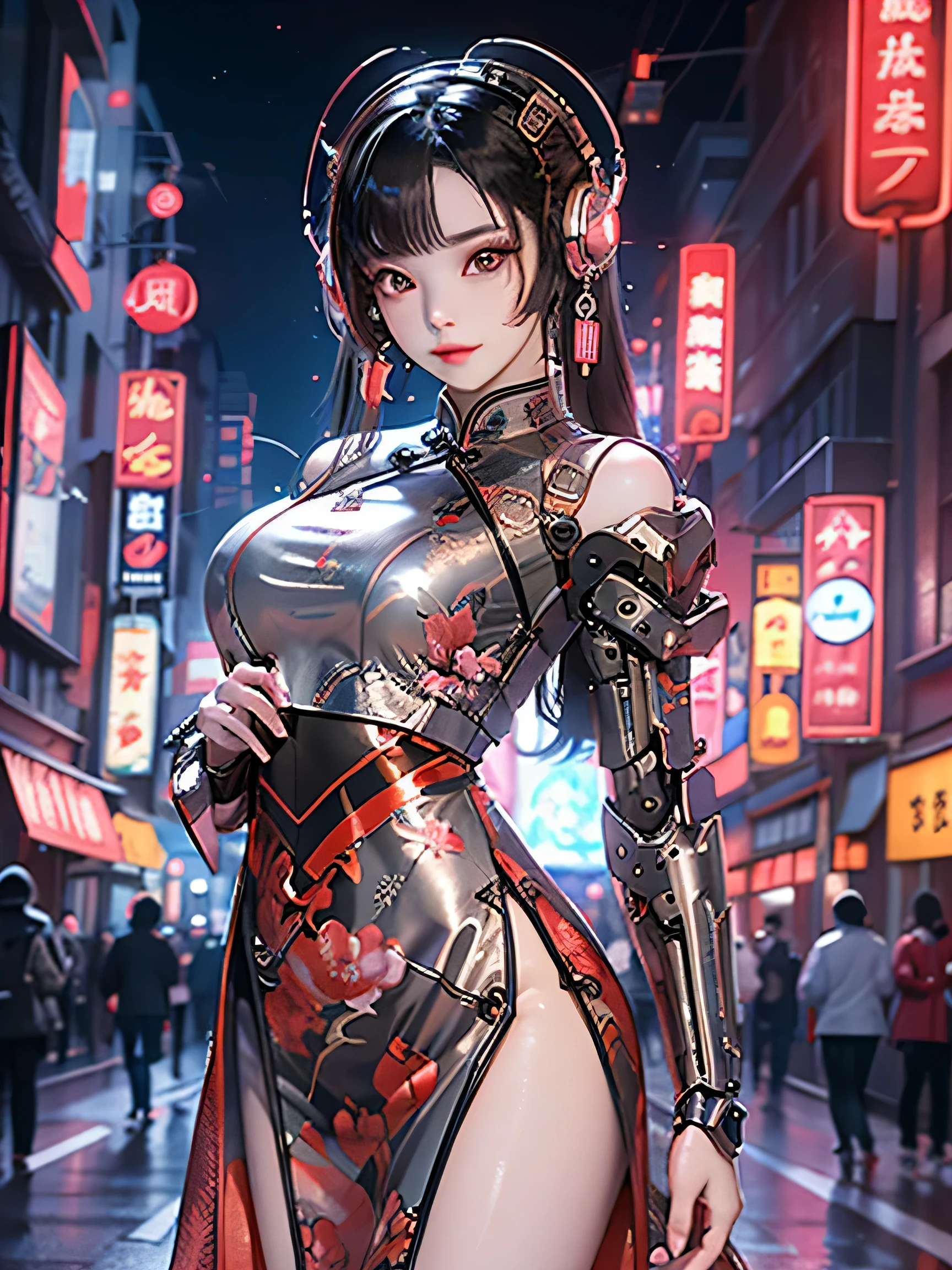 1 girl,Full body female love,middle distance vision, Chinese_clothing, Metallic black, titanium and pink, Online Hanfu, On the cheongsam, Cyberpunk Chinese Ancient Castle,lantern,大红lantern, dynamic poses, Details Illuminated Headphones, Luminous hair accessories, long white hair, Luminous earringss,glow necklace,cyberpunk character, 霓虹闪烁的城市街道挂满了lantern, Full of mechanical and futuristic elements, Afu Futurism, technology,glowing neon lights,pink big breasts,pink light,sexy skirt,black cloak,laser light,Digital background city sky,大红lantern,best quality,masterpiece,8k,Character edge light,Ultra high detail,high quality,The most beautiful woman among men,Smile,The face is symmetrical from side to side,facing forward,earrings,Long antenna glows,beautiful student,Lighting effects,visual data,silver red orange hair color,ultra detailed facial texture,hapiness,Weapons systems,The streets are crowded with pedestrians,Mecha style,Head-mounted light-emitting antenna,Rear injector