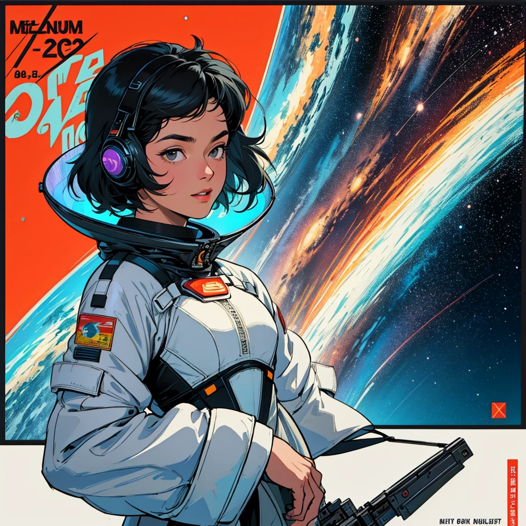 (((highest quality))),masterpiece,1 woman,((the perfect person)),((Super beautiful woman)),detailed perfect face,retro,vintage,classic,60's,70's,80's,old movie posters,abstract,((スペーススリラーmovie poster)),(Futuristic),Geometric pattern,very delicate,movie poster_white frame,universe,Milky Way,planet,,propaganda,universe飛行士,breast enhancement,simple,(big breasts),(cleavage),cyber punk,massive stream of light,overlay,SF,A scene from a science fiction movie,universeステーション,tattoo,