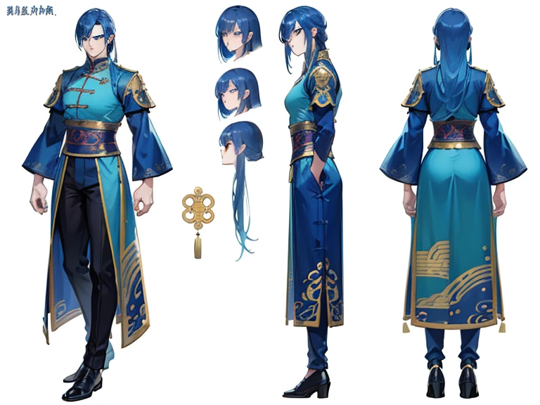 ((masterpiece, top quality)), Detailed face, Character Design Sheet, full body, lesbian, Full of details, Front view of the body, back view of the body, very detailed, Depth, Many parts, Muscular boy with long blue hair and long bangs,handsome, Muscular body, traditional Chinese clothing, The man is tall