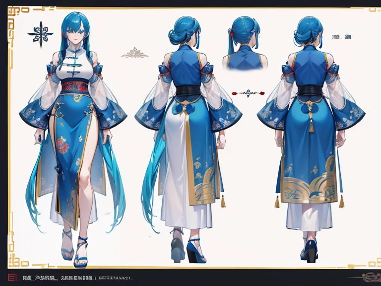 ((masterpiece, top quality)), Detailed face, Character Design Sheet, full body, lesbian, Full of details, Front view of the body, back view of the body, very detailed, Depth, Many parts, Muscular boy with long blue hair and long bangs,handsome, Muscular body, traditional Chinese clothing, The man is tall