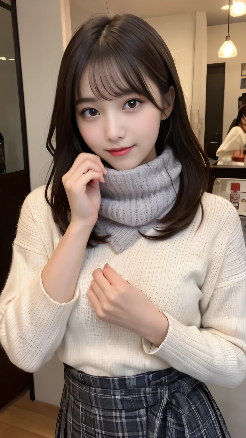 N.F.S.W.、highest quality、disorganized、super detailed、finely、High resolution、8k wallpaper、perfect dynamic composition、beautiful and fine eyes、Gorgeous knit Korean winter clothes、skirt、medium hair、bangs、big breasts、Scarf、natural color lip、bold sexy pose、smile、Cafe、Japanese、 girl、cute、sexy shot looking at camera、Always blur the background、perfect and beautiful face,Take only the face、beautiful and detailed face、slim face and style