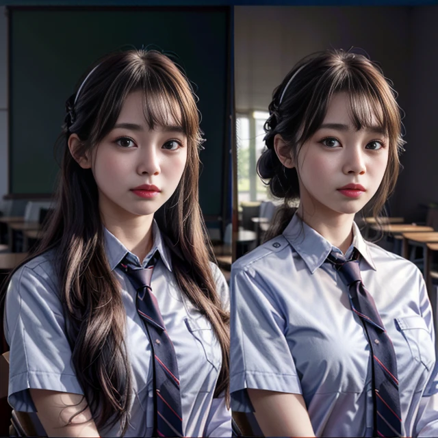 onoff,side-by-side photo,split screen,(1girl), solo, long_hair, wearing(student-uniform, neckties, shirtsleeves), photo(medium-shot), portrait, pov, blurry_background, Background(classroom, chair, table), (8k, photorealistic, absurdres, best_quality:1.55),