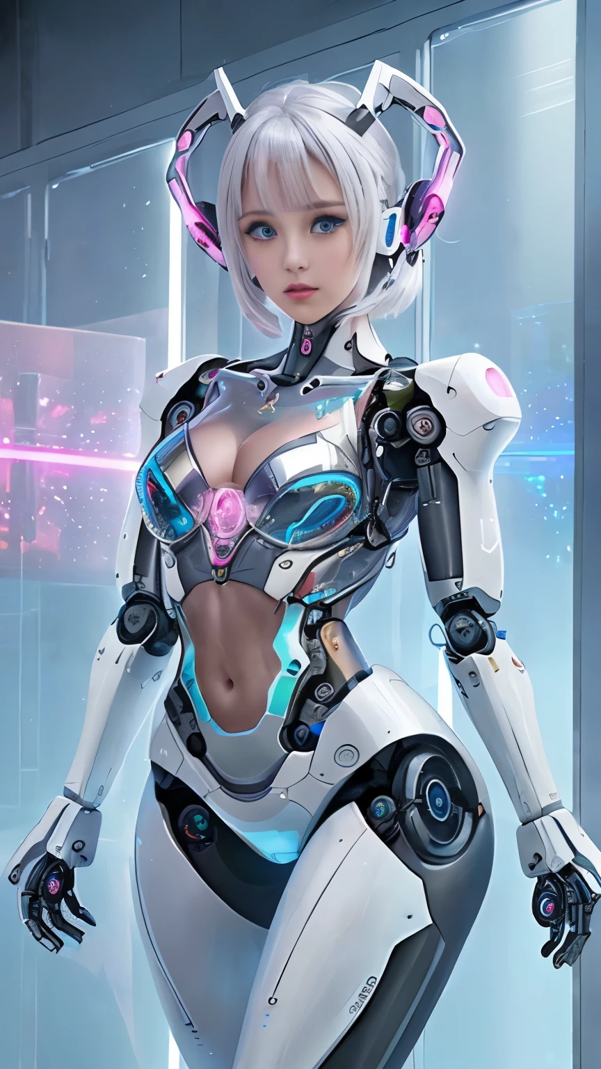 (La mejor calidad,A high resolution,Ultra - detallado,actual),Ariana Grande japonesa androide cyborg, robotic parts, hermoso estudio con luz suave, Detalles vibrantes, Ciberpunk de lujo, (Android body made of white and silver transparent glass and plastic:1.4), , (Mecanismos internos del cuerpo de metal plateado+pink), dynamic pose, Fluid organic components, Grabado detallado, Lace designs, (Circuitos dorados brillantes:1.4), (hermosos ojos azules:1.2),ojos brillantes, (pose vaquero ), (realistic) ,Arte detallado de alta calidad 8K, Fanart Mejor ArtStation, Fantasy art style ,(cuerpo de vidrio transparente:1.4),(Perfect anatomy) ,UHD, (fondo laboratorio Robotic futuristic dystopia colors:1.4),(convexo Dedos detallados)