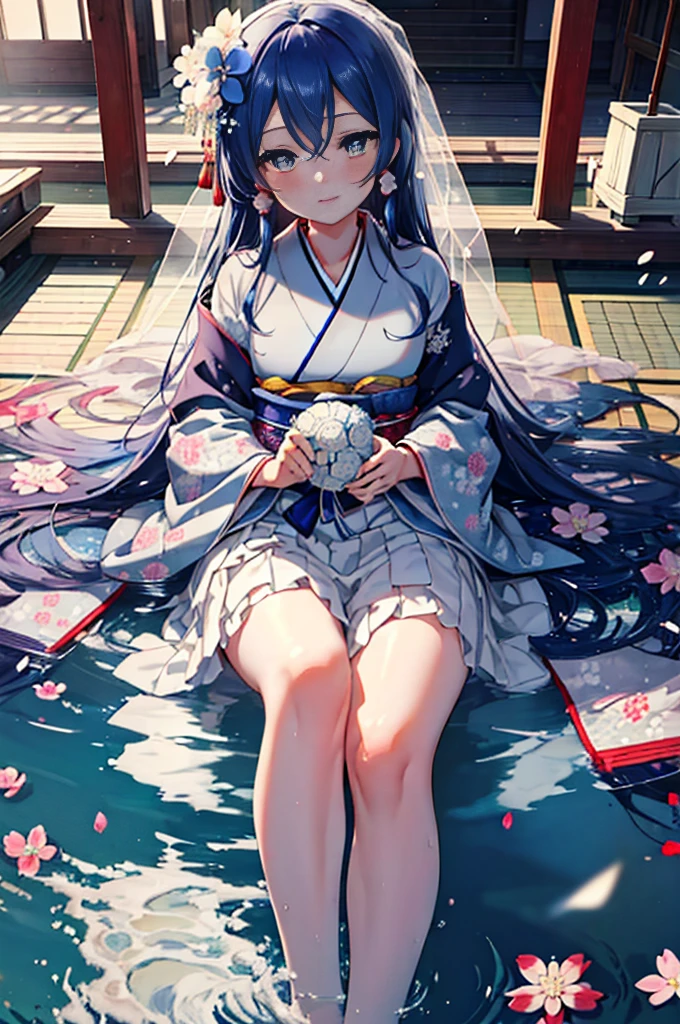 highest quality, masterpiece, High resolution, alone, {Sonoda_Ocean_lovelive:1.15}, blue hair，long hair，Wedding in a classic kimono of the Japan,Pure white kimono called pure white,Wedding at a shrine in a classic kimono of Japan,tatami,long skirt,smile,blush,(masterpiece:1.2), highest quality, High resolution, unity 8k wallpaper, (figure:0.8), (beautiful and fine eyes:1.6), highly detailed face,highly detailed eyes,highly detailed hands,Highly detailed feet, perfect lighting, Very detailed CG, (perfect hands, perfect anatomy),