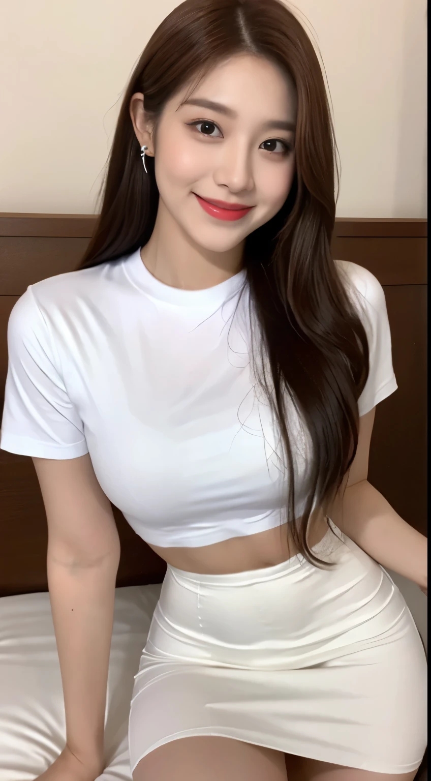 White tight shirt、White tight mini skirt、bed、smile、short sleeve、high resolution、Hallyu Idol Face
