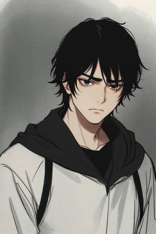 Black-haired boy，Black eyes, full of depressions，Expressive face，Lonely and deep，The Dark Personality