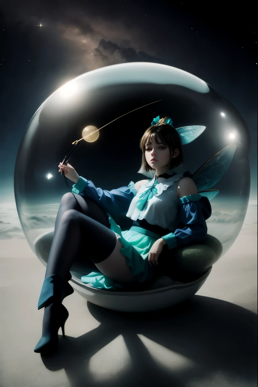 cute voluptuous fairy 19 years squatting sitting in a bottle, illustration comic animation style, miffed and upset, count the time in her fairy head, wearing flowy short summer skirt, a blue green blouse light stockings, high heal shoes have blue collars, gossamer fairy wings, short pixy hair cut, photo ready, night time background scene, crescent moonlight background, modern oil painting portrait style, photographic realism, Da Vinci, Hyper-realism, 24k resolution,Masterpiece,photo of perfecteyes eyes