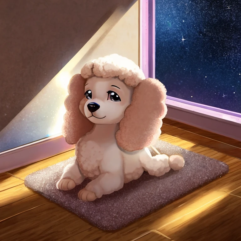 A white baby toy poodle is tilting its head, a fluffy carpet, glitter is scattered in the sparkling space, light is shining through the window


