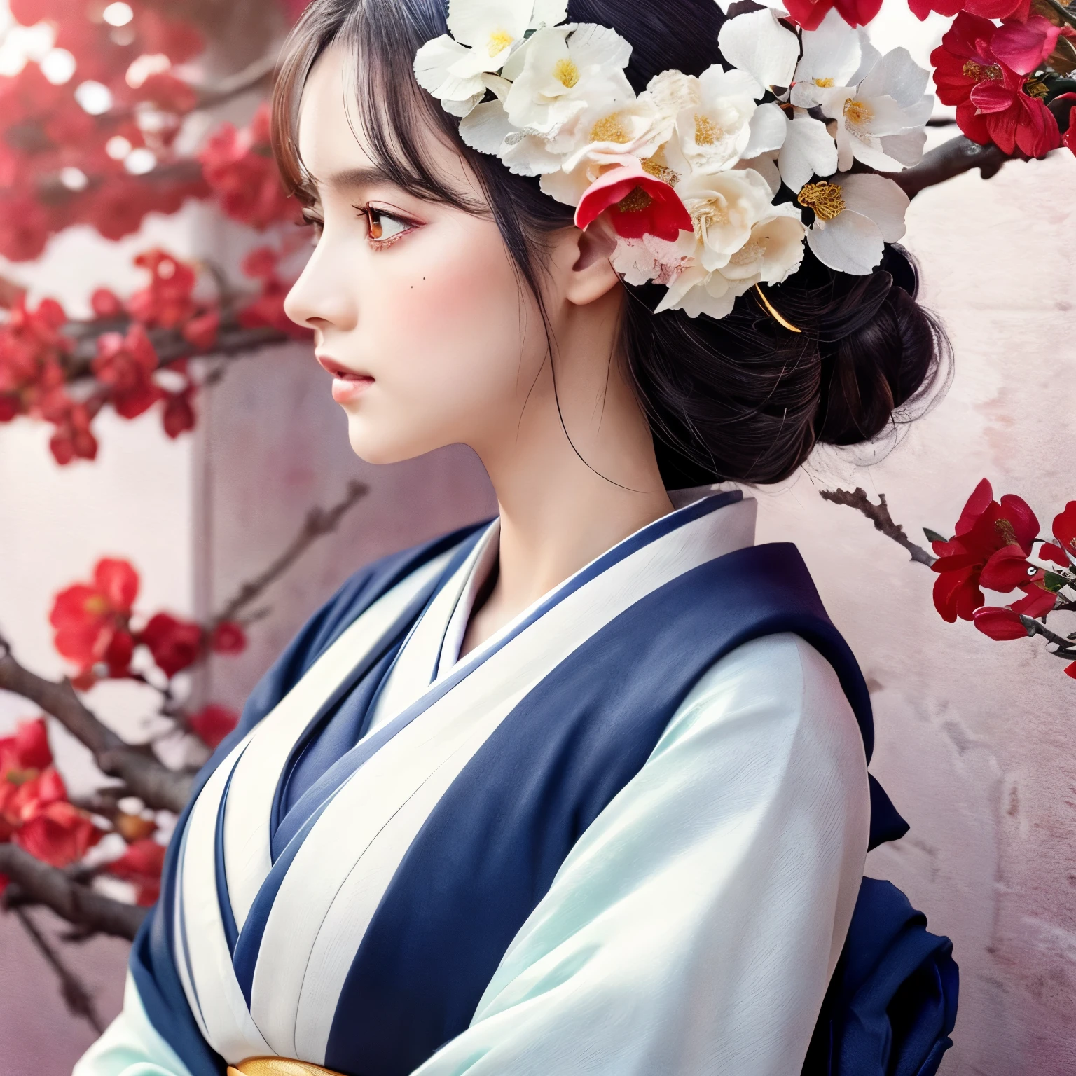 (masterpiece:1.2, highest quality), (exquisite eyes: 1.2), ((1 girl)), ((alone)), (red eyes:1.4), (exquisite eyes and exquisite face:1.3), ( beautiful and clear background: 1.2), (Very detailed CG, Super detailed, best shadows: 1.1), ((Depth of bounds written)), ((watercolor)), (They are: 1.5), (kimono: 1.3), big boobs , bare shoulders, Flowers and petals, beautiful concept art, (white background: 0.5), (figure: 1.1), (very delicate: 1.1), (perfect details: 1.1), profile, cowboy shot,
