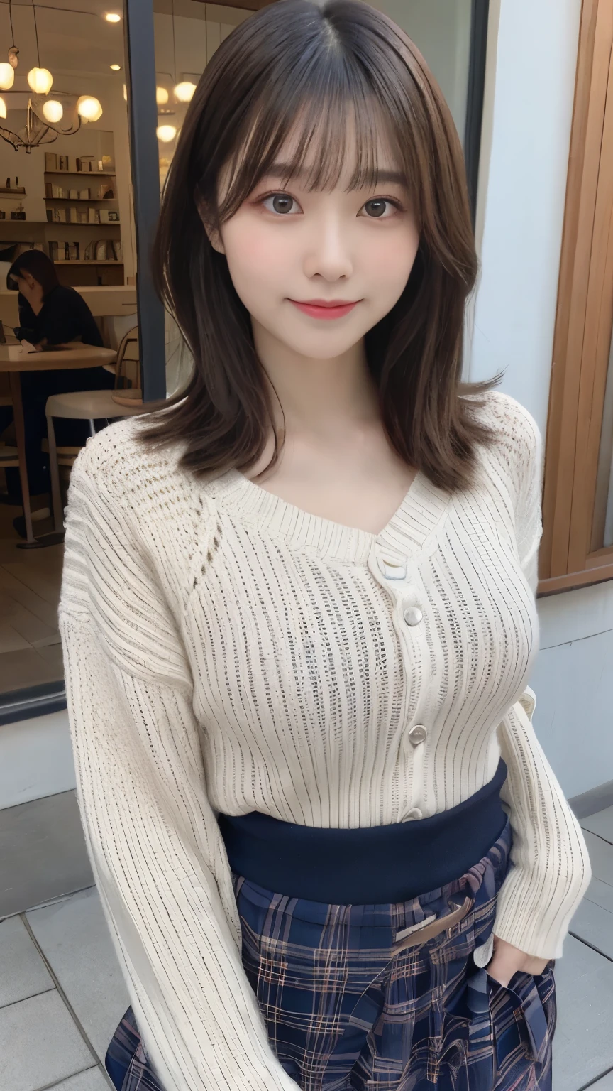  N.F.S.W.、highest quality、disorganized、super detailed、finely、High resolution、8k wallpaper、perfect dynamic composition、beautiful and fine eyes、Gorgeous knit Korean winter clothes、skirt、medium hair、bangs、big breasts、natural color lip、bold sexy pose、smile、Cafe、Japanese、15 year old girl、cute、sexy shot looking at camera、Always blur the background、perfect and beautiful face,Take only the face、beautiful and detailed face、slim face and style