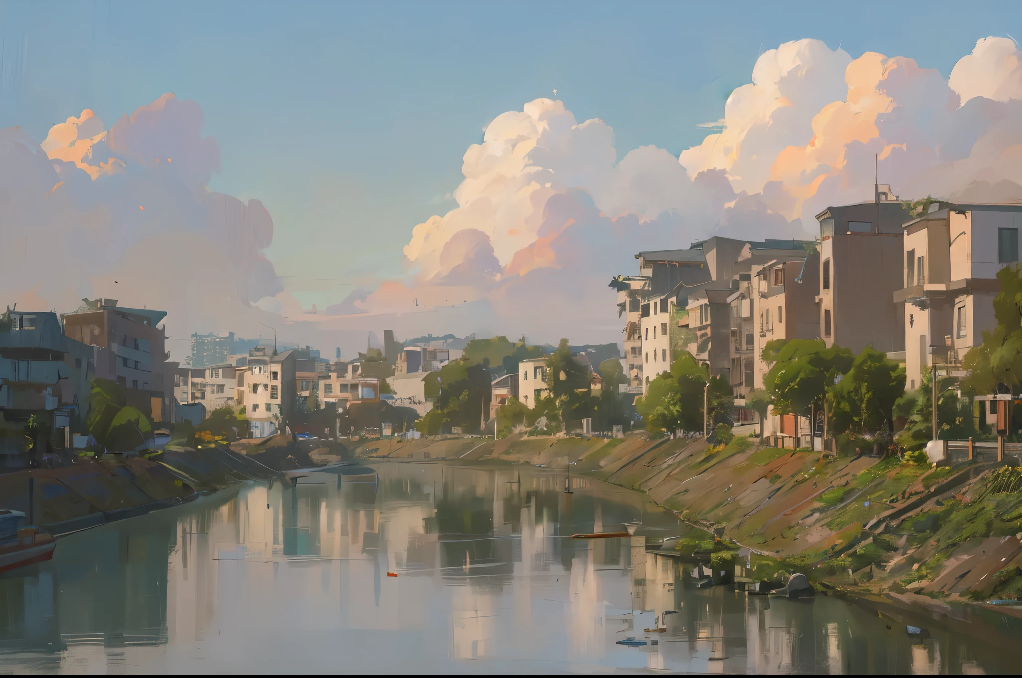 arafed view of a 河 with buildings and a sky background, riverside, building along a 河,Cityscape, view, Real photos of a town, City背景, surrounding the City, City in backround, illustration, High quality pictures, City in background, City, over-detailed, over-detailed,City河道,There are concrete slopes on both sides of the river, and residential buildings above the slope.,Two-dimensional style,Japanese animation style