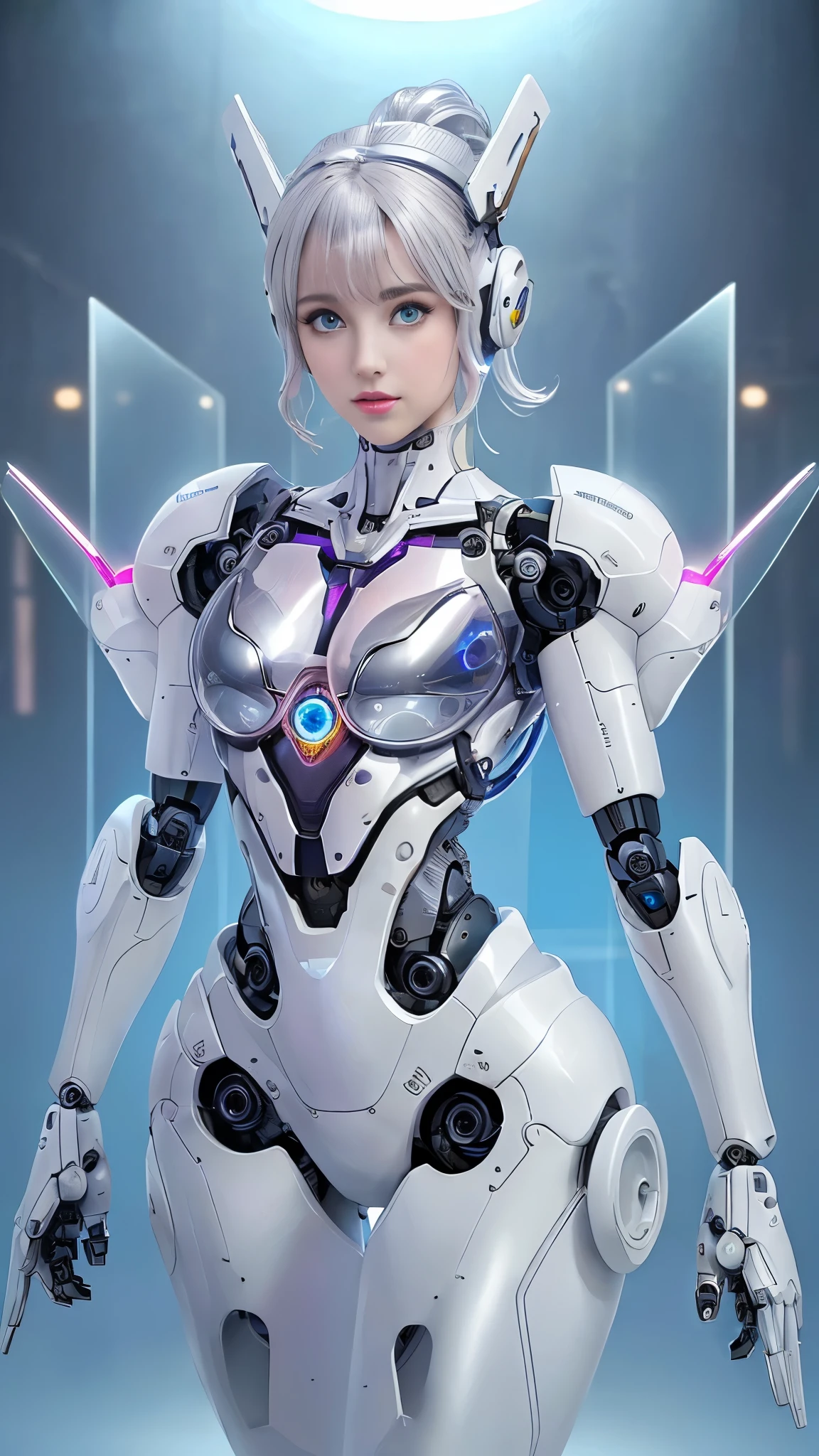 (La mejor calidad,A high resolution,Ultra - detallado,actual),Ariana Grande japonesa androide cyborg, robotic parts, hermoso estudio con luz suave, Detalles vibrantes, Ciberpunk de lujo, (Android body made of white and silver transparent glass and plastic:1.4), , (Mecanismos internos del cuerpo de metal plateado+pink), dynamic pose, Fluid organic components, Grabado detallado, Lace designs, (Circuitos dorados brillantes:1.4), (hermosos ojos azules:1.2),ojos  brillantes, (pose vaquero ), (realistic) ,Arte detallado de alta calidad 8K, Fanart Mejor ArtStation, Fantasy art style ,(cuerpo  de vidrio transparente:1.4),(Perfect anatomy) ,UHD, (fondo laboratorio Robotic futuristic dystopia colors:1.4) ,(Dedos detallados convexo) 