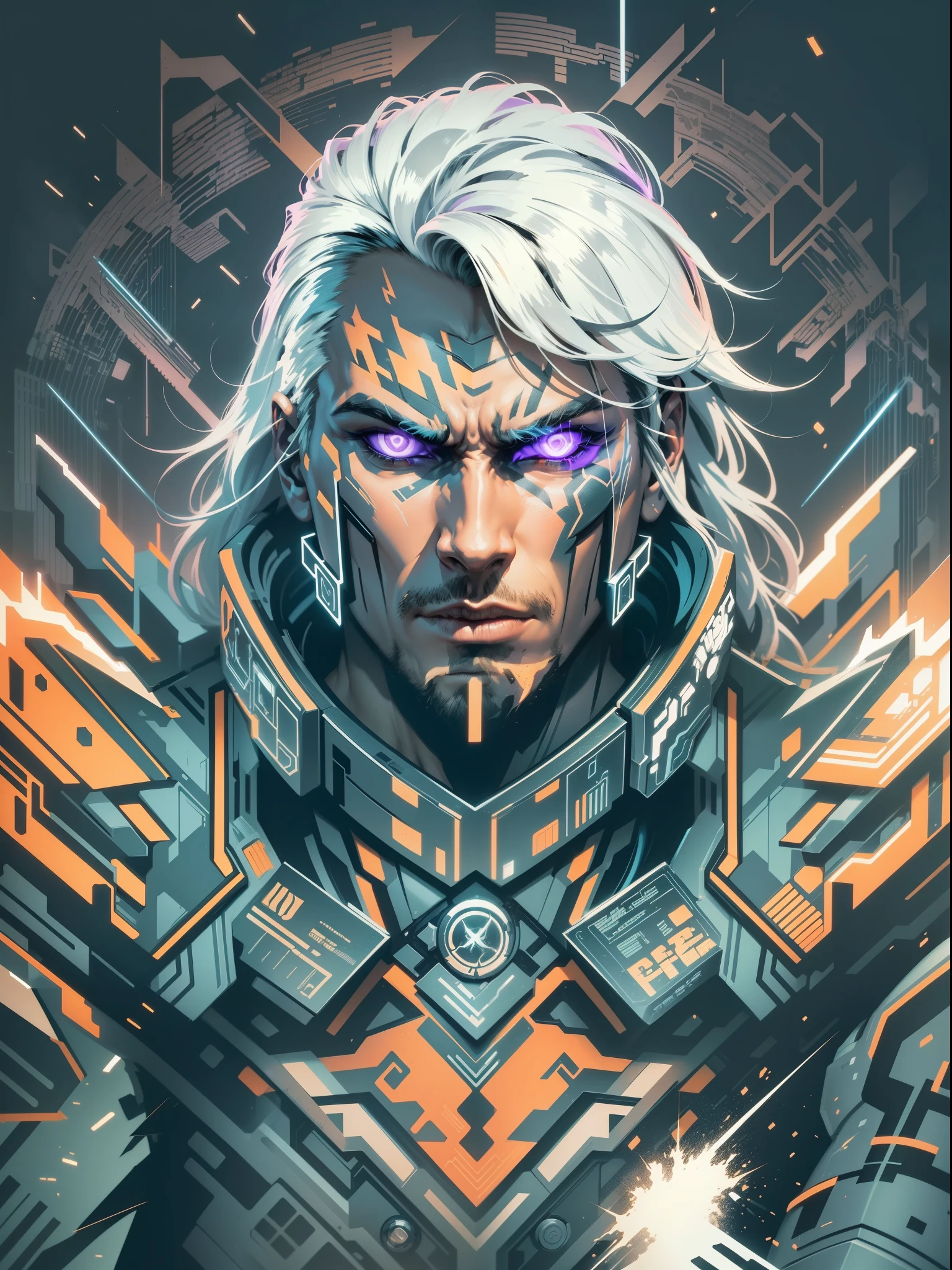 A Viking Nordic man with big hair, Viking haircut, with Nordic tattoos in the range of 27 years old, barbaric muscular stereotype, with horns (part with axe on his back and wolf skin, fighting, dark bright neon all-white eyes, Nordic hair with demonic horns, tight torn supersuit, in a destroyed Nordic city, smoke and fire, Aura of Bright Power, Dynamic Pose, Dynamic Vision, Hyper Detailed, 8K Quality, With Tattoos, Nordic Symbols On Headset, Merge, Hyper Realism, Ultra Realism, With Thorns Coat viking.Com Gray Goatee And Gray Hair, Bright Neo, Neo Lights On The Phone, Nordic Symbols, Man With Orange Skin Color With Neon Tattoos