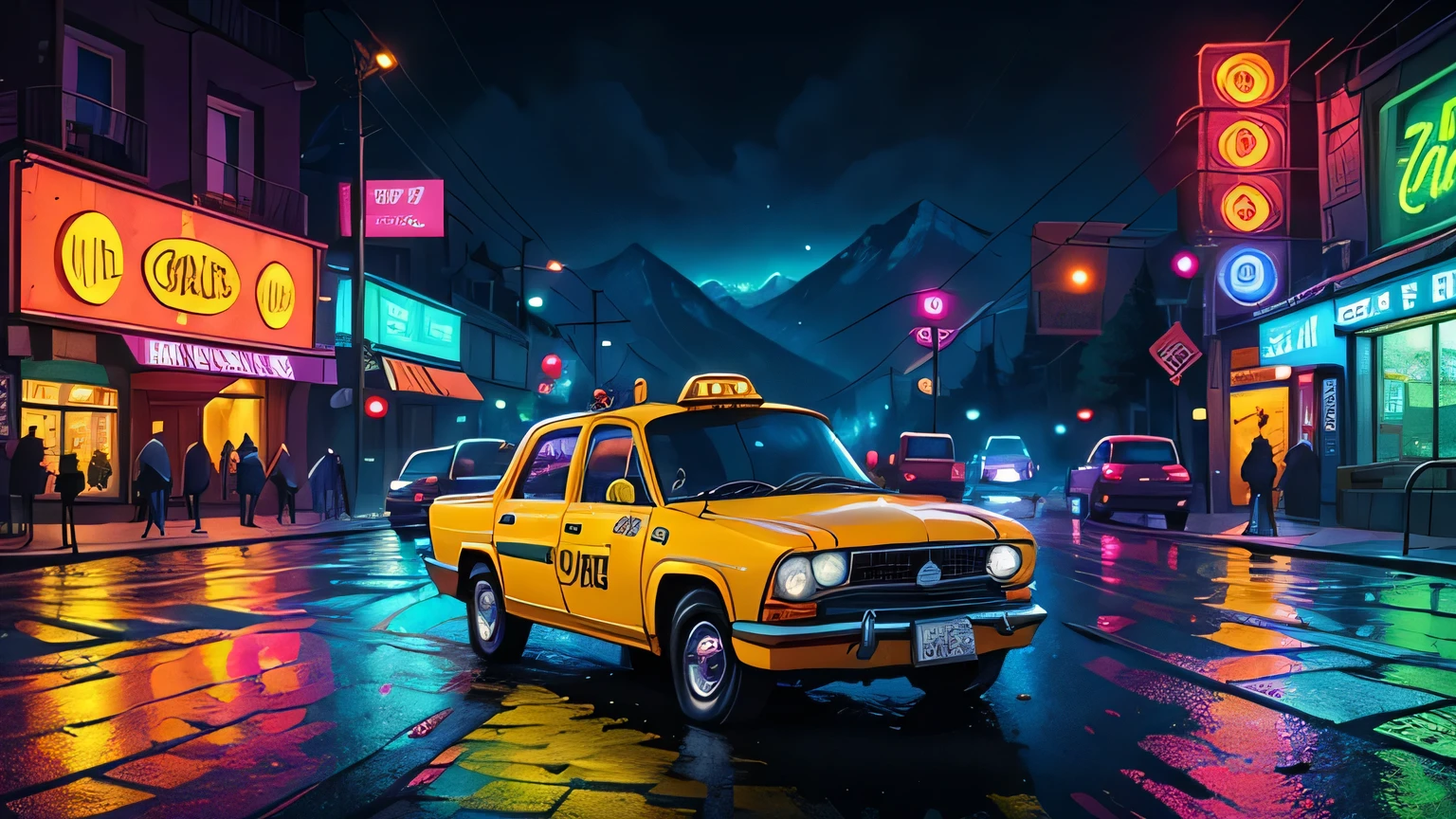 taxi car, Retro, Full Color, Multicolor, Artistic, Superior Detail, Super Quality, Fine Details, Highlights, Neon Lights, 8k, Masterpiece, City Night, Neon Lights, Wet Road, Mountains, Forest,