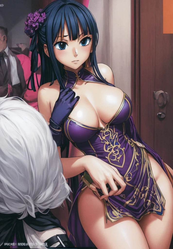 A beautiful woman with big breasts and beautiful legs is standing with a stunned expression in a dress-like outfit that shows her breasts.。
