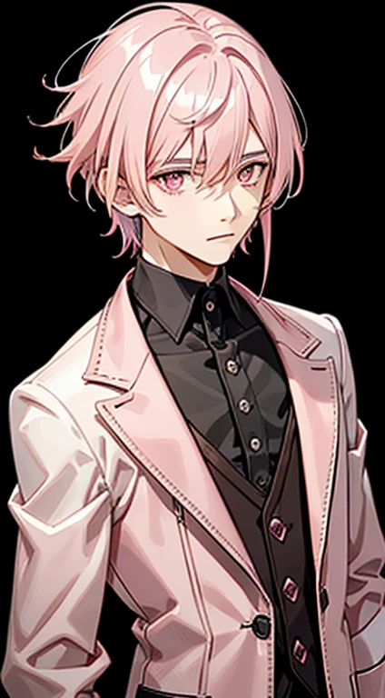1 boy, ((Light pink hair color)) , short hair, black clothing, (light pink eye color)