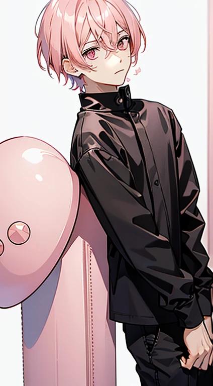 1 boy, ((Light pink hair color)) , short hair, black clothing, (light pink eye color)