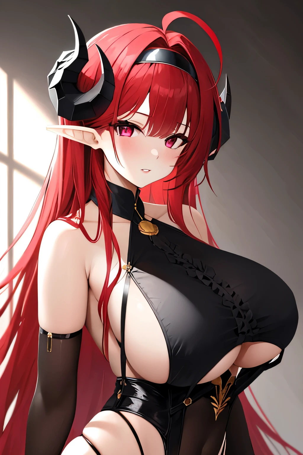 1girl, pointy ears, horns, solo, red hair, long hair, red eyes, bare shoulders, looking at viewer, huge breasts, gloves, elbow gloves, ahoge, hairband, black gloves, underboob, upper body, demon girl, hair intakes, very long hair, frills, slit pupils, parted lips,(shiny skin),(mature female:1.2),hindenburg \(azur lane\),