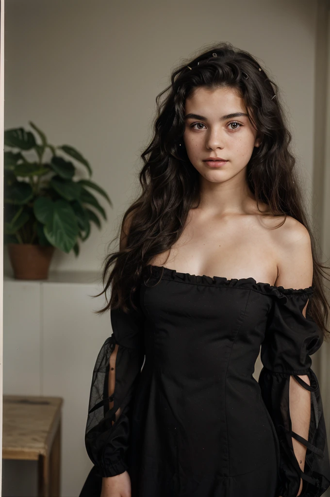 (19 year old), (portrait), (from 1990), (vintag picture), (Ameican-irish mixed), (sharp black eyes), (sharp lips), (no makeup), (black messy long hair with slight curl), (Photogenic expression), (ultra realistic), (black fully covered full sleeve dress)