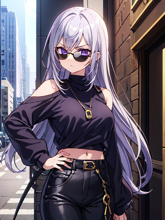 A girl holding katana and her appearance has long a silver hair goes through her waist and her eyes Tyrian Purple as she wearing a black Loose O-neck sweat shirt on her neck there's a gold pendal with purple jewelry, she wearing black aviator sunglasses, black jeans*. 