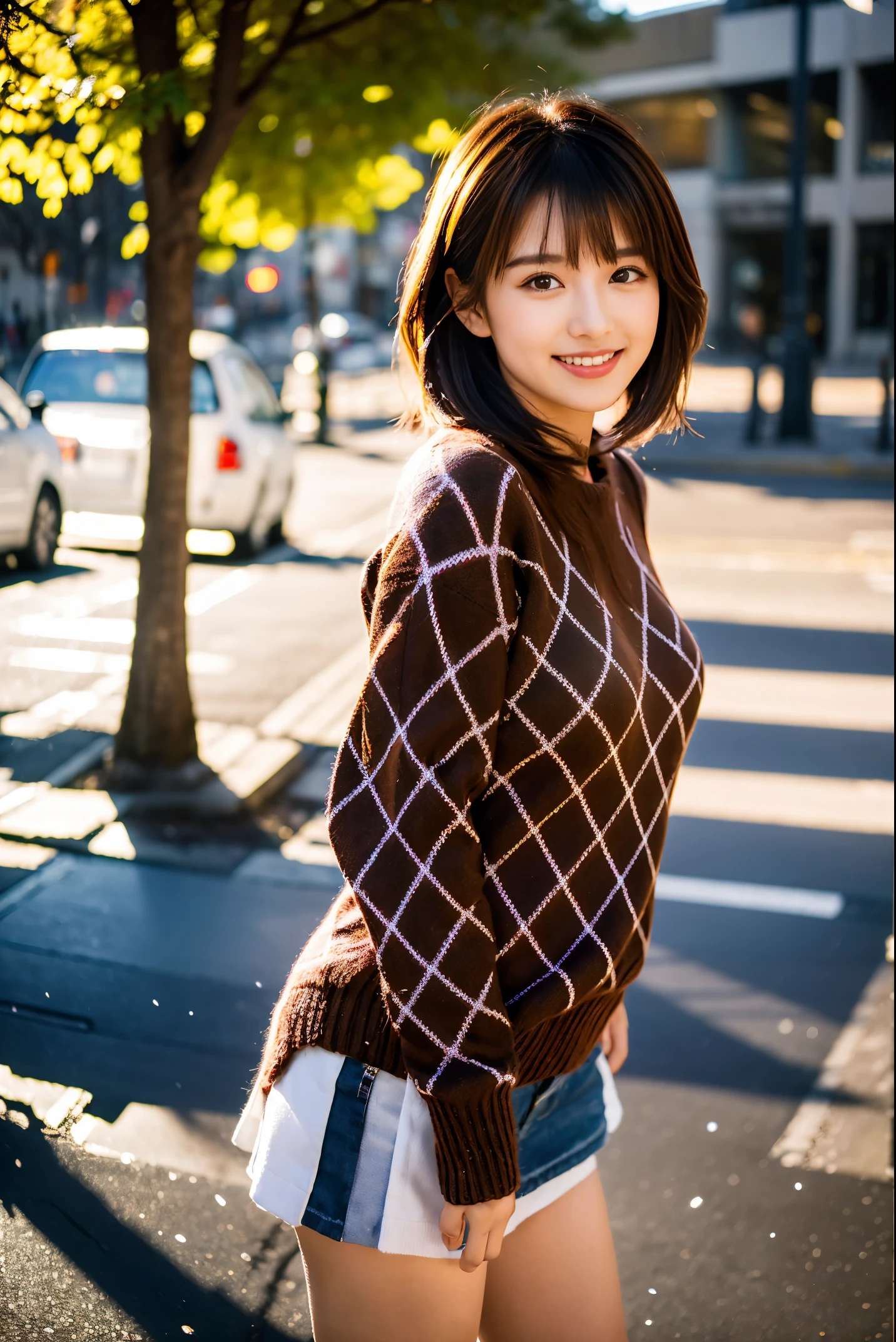 front focus:1.5,(8K RAW photo,Live shooting, highest quality, masterpiece:1.37), extreme light and shadow,cowboy shot,((1 girl)),Japanese idol,(solo), 3 d, looking at the viewer, perfect anatomy,break((brown hair),(brown short hair)),((brown eyes)),(smile:1.2),Medium breasts, rocket bit,break(lover lover (Argyle pattern), cherry red knit sweater:1.46), break(Beautiful leg line with brown miniskirt:1.4),break(dark gray razor short boots),break((Street trees in winter, urban area, It's snowing)), (Twilight Settings:1.3), Lens flare,(soft, warm lighting:1.3)