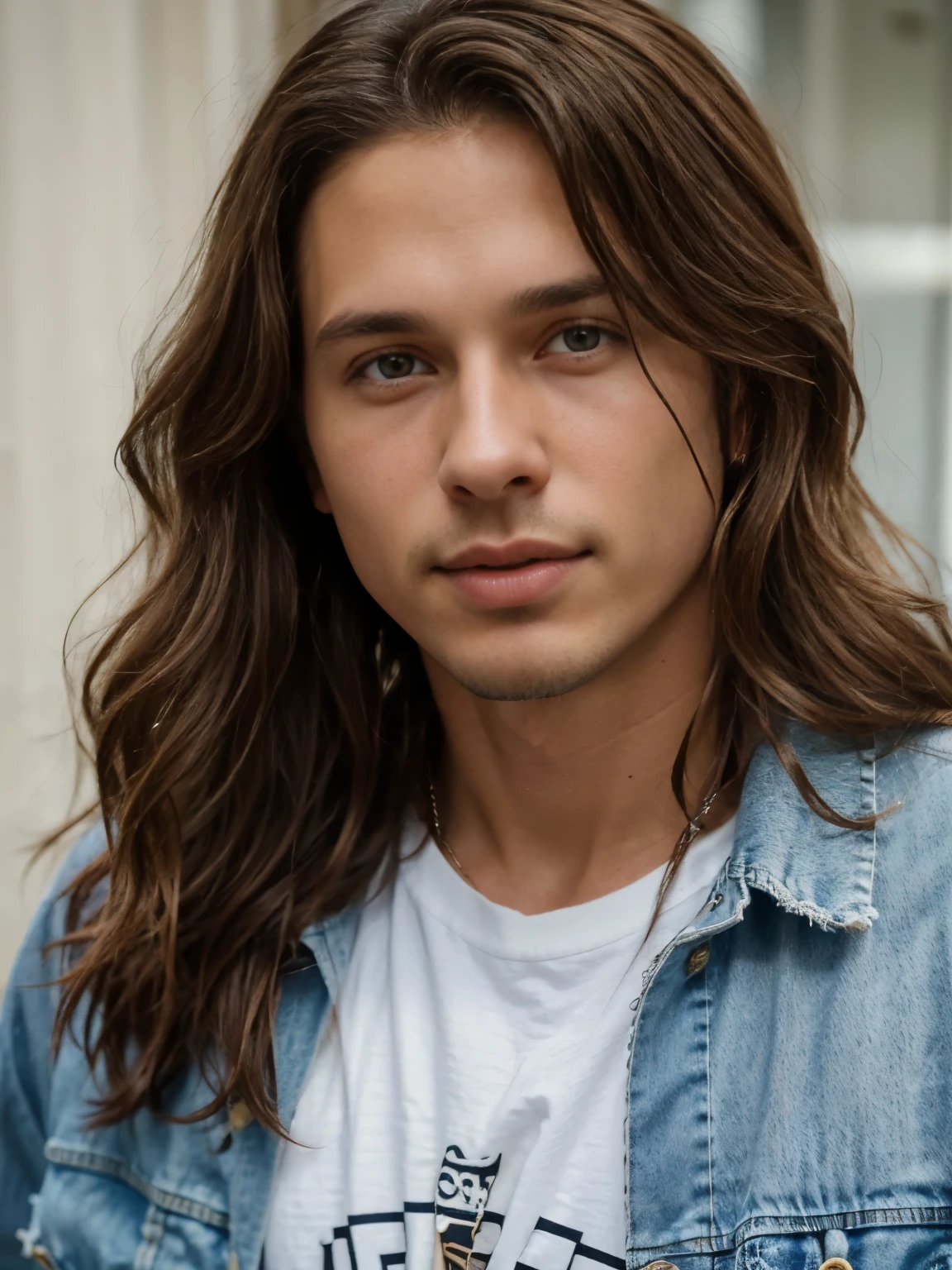 Buetifull man eith long brown hair, dsrk brown wavy haor, wearing denim jacket, wearing white t shirt, pretth boy, buetifull man, young, young, young, close up of face, chris cornell, close up of face, close up of face, clean shaven, young, teem,