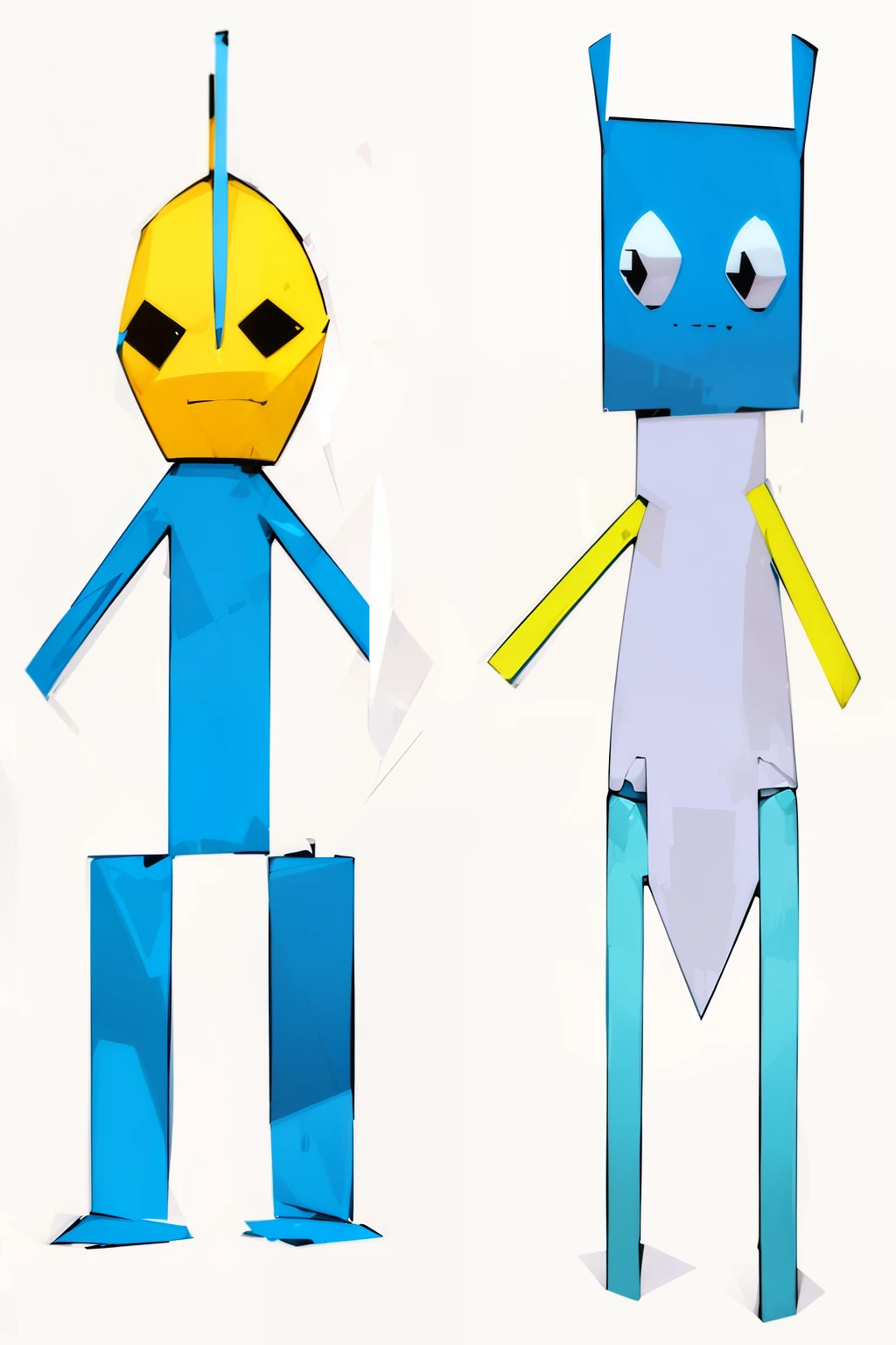 two cartoon characters are standing next to each other, two characters, two skinny figures, two different characters, two skinny old figures, medium shot of two characters, lanky, tall and lanky skinny, yellow and blue and cyan, robots, two aliens around, animation character, alien forms, fool and pixel jeff, merged character, anthropomorphic _ humanoid